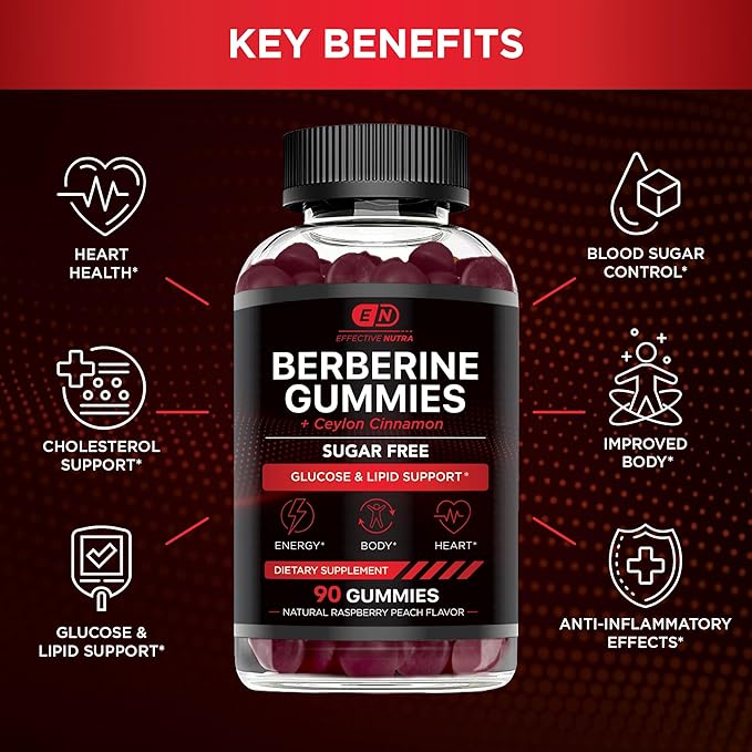 Berberine Gummies with Ceylon Cinnamon | Sugar-Free Supplement 1200mg for Blood Sugar Support, Heart Health, Energy | 45-Day Supply, Natural Berry Flavor, Made in USA (90 Count)