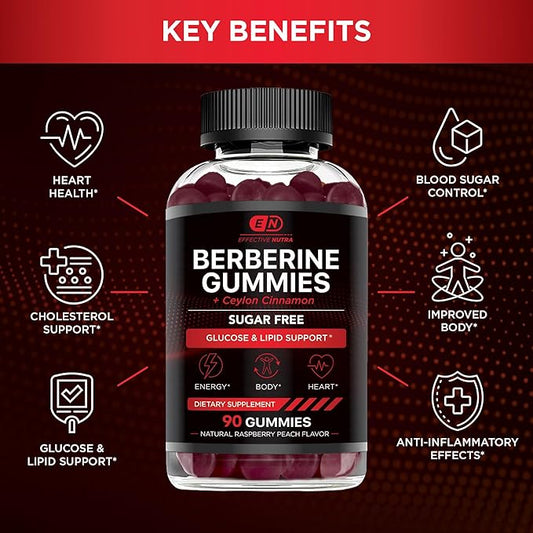 Berberine Gummies with Ceylon Cinnamon | Sugar-Free Supplement 1200mg for Blood Sugar Support, Heart Health, Energy | 45-Day Supply, Natural Berry Flavor, Made in USA (90 Count)