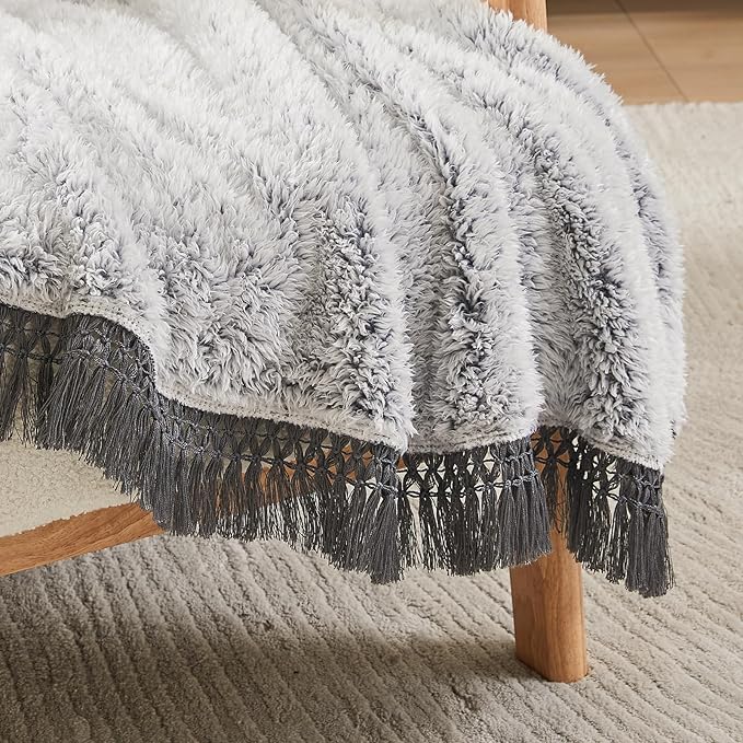 EMME Fuzzy Blanket Soft Fleece Throw Blankets for Women, Fluffy Sherpa Throws(Tassel Grey,90"x90")