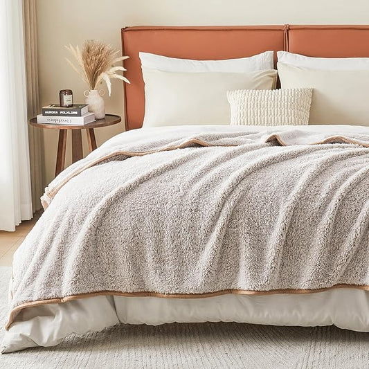 EMME Fuzzy Blanket Soft Fleece Throw Blankets for Women, Fluffy Sherpa Throws(Plush Khaki,90"x90")