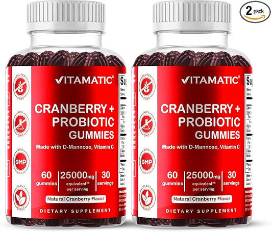 Vitamatic 2 Pack Vegan Cranberry Gummies with D-Mannose, Probiotic & Vitamin C for Women Urinary Tract Health - 25000mg Equivalent Per Serving (from 50:1 Extract 500 mg) - 60 Count