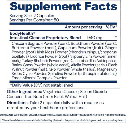 BodyHealth Intestinal Cleanse - Eliminate, Colon Cleanser Detox, Gentle Laxative Pills and Bowel Flush Constipation Relief for Adults, Body Cleanse for Colon Health and Clean Gut (100 Capsules)