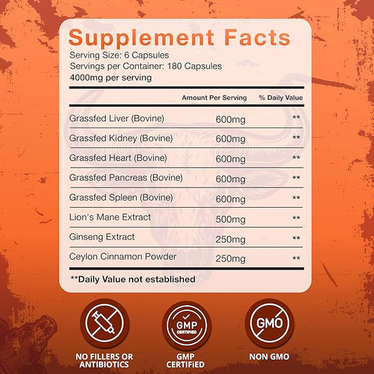 Superfood Blend Grass Fed Beef Organ Supplement for Men & Women 180 Capsules 30-Day Supply - 5 Beef Organ & 3 More Ingredients - Pasture Raised Organ Complex - Support Immunity & Focus