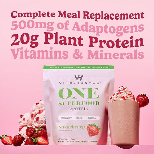 VitaHustle ONE Meal Replacement Shake - Plant Based Protein Powder by Kevin Hart - Vegan, Meal Replacement Powder with Superfoods, Vitamins, Adaptogens & Probiotics - Strawberry Flavor, 30 Servings