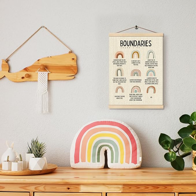 HKTZM Boundaries Sound Like Mental Health Poster Hanger Frame 12.5×17 Inch, Mental Health Boho Rainbow Hanging Wall Art Decor for Classroom School Counselor Office Calm Down Corner