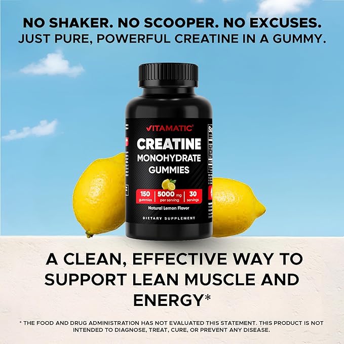 Vitamatic Creatine Gummies 5000mg per Serving Natural Lemon Flavor – 150 Gummies – Creatine Monohydrate for Muscle Strength, Energy & Recovery – Non-GMO, Gluten-Free