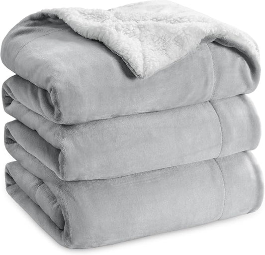Bedsure GentleSoft Sherpa Fleece Blankets Queen Size for Bed - Thick and Warm, Soft Fuzzy Plush Queen Blanket for Winter, Light Grey, 90x90 Inches