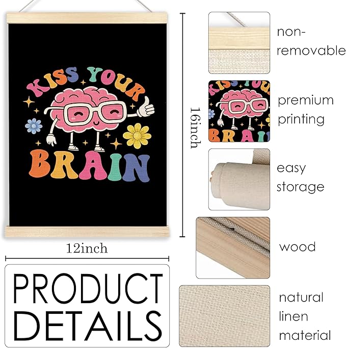 Ecezatik Mental Health Wall Decor, Kiss Your Brain Inspirational Poster Hanger Frame, Motivational Wall Decor for Classroom Nursery Kids Room Playroom, 12x16 Inches