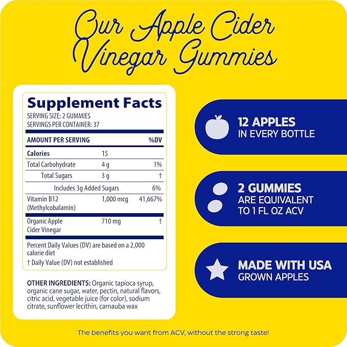 Enzymedica, Apple Cider Vinegar Gummies, Made with The Mother, 12 Organic, USA-Grown Apples per Bottle,[c][d] 1000 mcg Vitamin B12 per Serving, Natural Apple, 74 Count