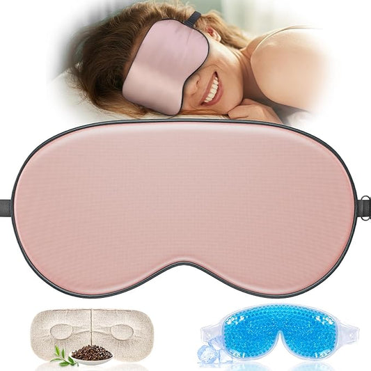 TOPOINT Silk Sleep Mask Light Blocking, 3 in 1 Cooling Heated Eye Mask for Sleeping, Includes Silk Senna Seed and Gel Masks, for Migraine Dry Eye Dark Circles Women Men