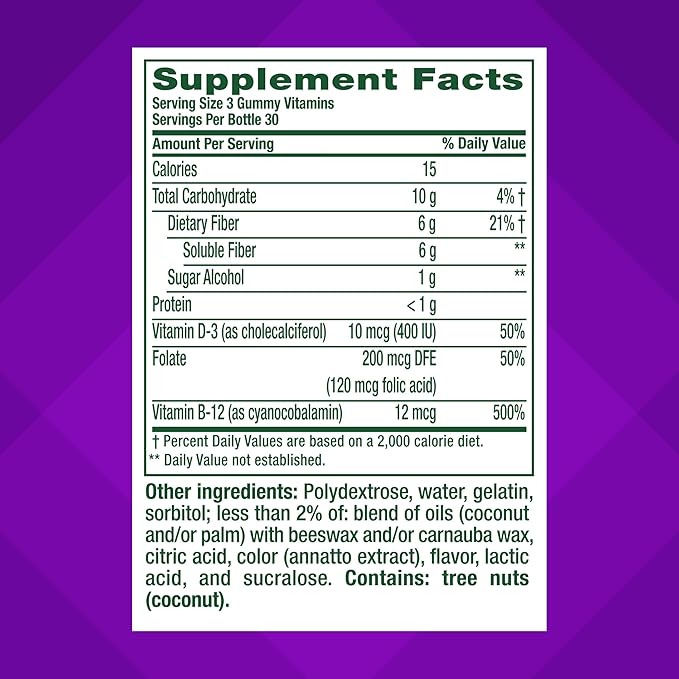 Vitafusion GLP-1 Support Fiber Plus Vitamins D, B12 and Folate Gummy Vitamins, Citrus Flavor, Sugar Free, 90 Count, 30 Day Supply
