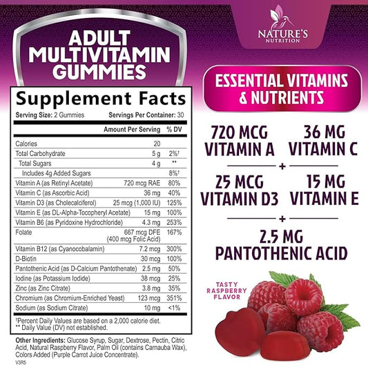 Multivitamin Gummies for Adults, Daily Gummy Vitamins & Minerals for Women & Men, Immune Support Gummy Multivitamins Supplement, Adult Multi VIT Vitamin with Vitamins A, C, D3, B12, Zinc, 60 Gummies