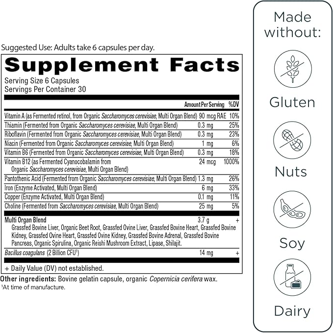 Ancient Nutrition Organ Supplements, Grass-Fed and Wild Organ Complex Capsules, Liver, Heart, Kidney Supports Organ, Cognitive, and Immune System Health, 180 Ct