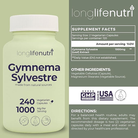 Gymnema Sylvestre 1000mg - Organic 20:1 Leaf Extract, 240 Vegetarian Capsules, 4-Month Supply, Herbal Supplement for Gut Health, GMP Certified, Made in USA