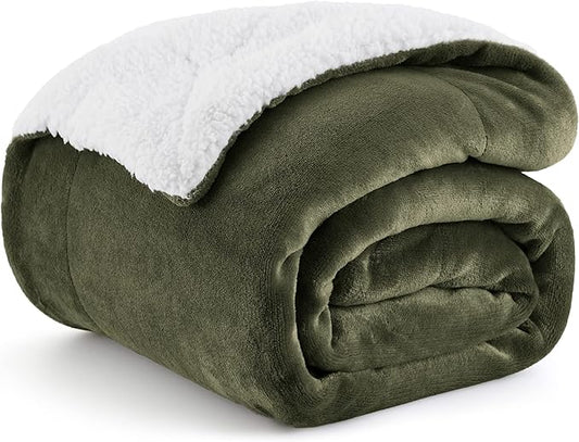 Bedsure GentleSoft Sherpa Fleece Throw Blanket Twin Size for Couch - Thick and Warm, Soft Fuzzy Plush Twin Blanket for Winter, Olive Green, 60x80 Inches