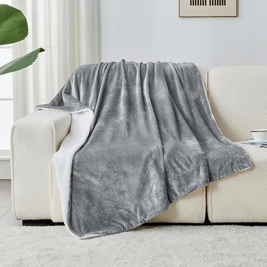 SOCHOW Waffle Sherpa Fleece Throw Blanket, Super Soft Fuzzy Warm, Lightweight Fluffy Reversible Plush Blanket for Bed Sofa Couch, 60 x 80 Inches Grey