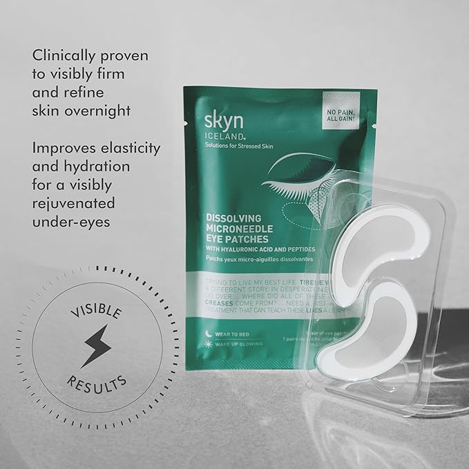 Skyn ICELAND Dissolving Microneedle Under Eye Patches with 39% Hyaluronic Acid and Peptides, No Slip Overnight Eye Mask for Fine Lines, Wrinkles and Firming, Vegan, All Skin Types, 1 Pair