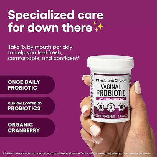 Physician's CHOICE Vaginal Probiotics for Women - pH Balance, Odor Control, Yeast Balance, Vaginal Flora, Moisture, Feminine Health - 6B CFU with Organic Prebiotics and Cranberry Extract - 30 CT