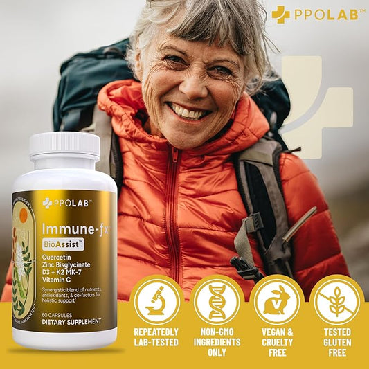 Immune-fx™ Advanced Chelated Zinc Ionophore Immune Support & Allergy Health Supplement, Quercetin 500mg, Antioxidant Vitamin C, D3, K2 MK7, Promotes DNA, Heart, Lung, Sinus Health, 60 Vegan Capsules