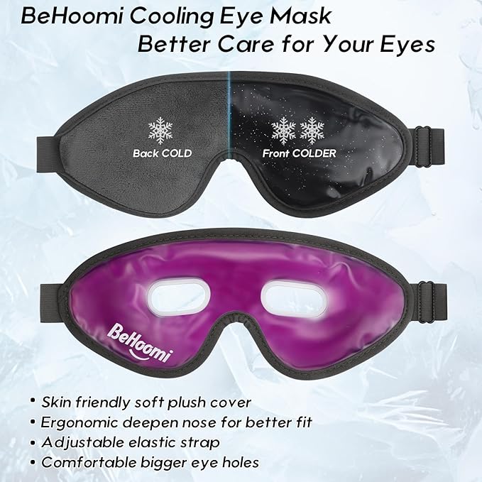 2Packs Cooling Eye Masks, Ice Eye Mask Cold Compress for Eyes, Reusable Cold Gel Eye Mask for Eye Relaxation, Comfort Snug Fit, Eye Cover for Home, Office, Black & Purple