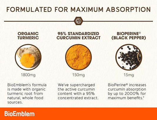 BioEmblem Turmeric Curcumin Supplement with BioPerine | Joint Support & Heart Health | with Organic Turmeric Powder & 95% Curcuminoids Extract | California Made, Non-GMO, 90-Day Supply