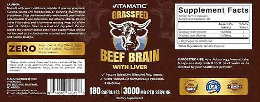 Vitamatic Grass Fed Beef Brain with Liver - 180 Capsules - Freeze Dried & Non-GMO - Pasture Raised Glandular Supplement - Made in USA