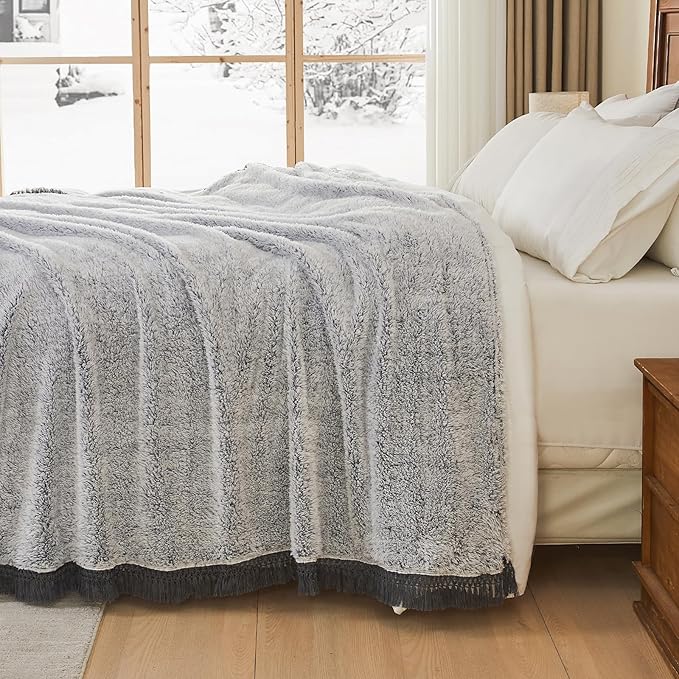 EMME Fuzzy Blanket Soft Fleece Throw Blankets for Women, Fluffy Sherpa Throws(Tassel Grey,60"x80")