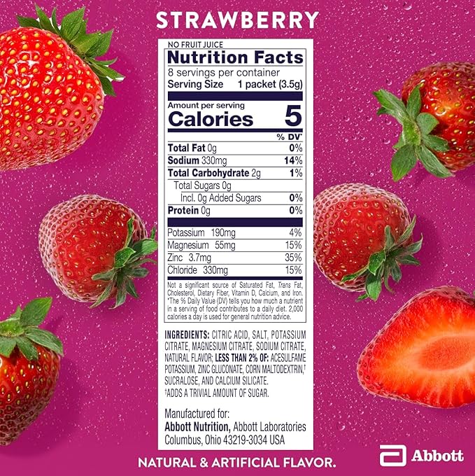 Pedialyte Electrolyte Drink Mix With Zero Sugar | Hydration With Key Electrolytes | Great Hydration Low in Calories | Strawberry, 8 Powder Packets