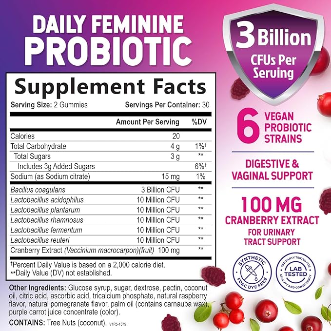 Probiotics for Women Gummies with Cranberry - 6 Premium Strains for PH Balance, Digestive Health, Vaginal & Immune Support, 3 Billion CFU, Women's Probiotic Gummy for Feminine Health - 60 Gummies
