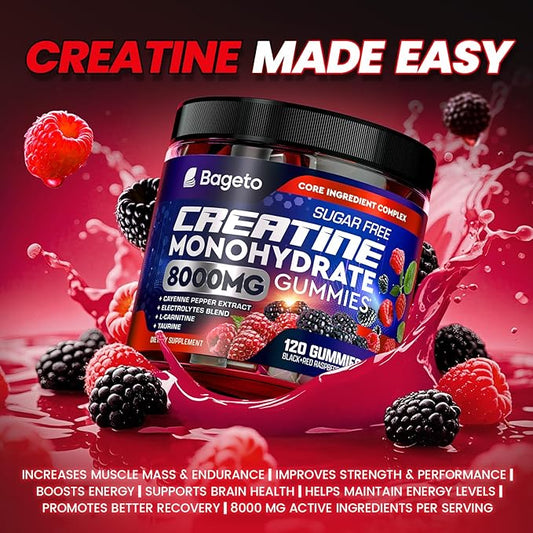 Creatine Monohydrate Gummies Complex 8000mg with L-Carnitine, Electrolyte & Taurine, Flavored and Chewable Creatine for Muscle Growth, Energy & Strength, Pre-Workout Gummies for Men and Women 120pcs