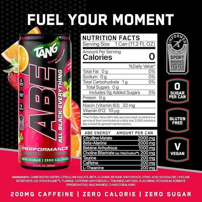 All Black Everything Sugar Free Energy Drink | Tang Orange Strawberry | 0 Calories | 12 Pack | 200mg Natural Caffeine | Pre-Workout Sport Drink for Men and Women