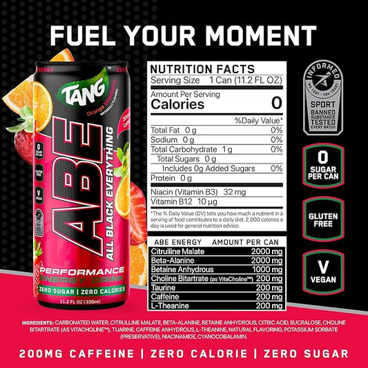 All Black Everything Sugar Free Energy Drink | Tang Orange Strawberry | 0 Calories | 12 Pack | 200mg Natural Caffeine | Pre-Workout Sport Drink for Men and Women