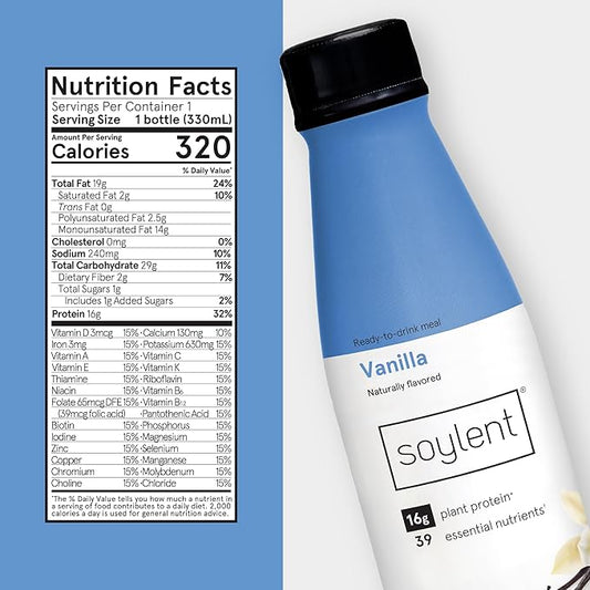 Soylent Complete Nutrition Gluten-Free Vegan Protein Meal Replacement Shake, Vanilla, 11 Oz, 12 Pack