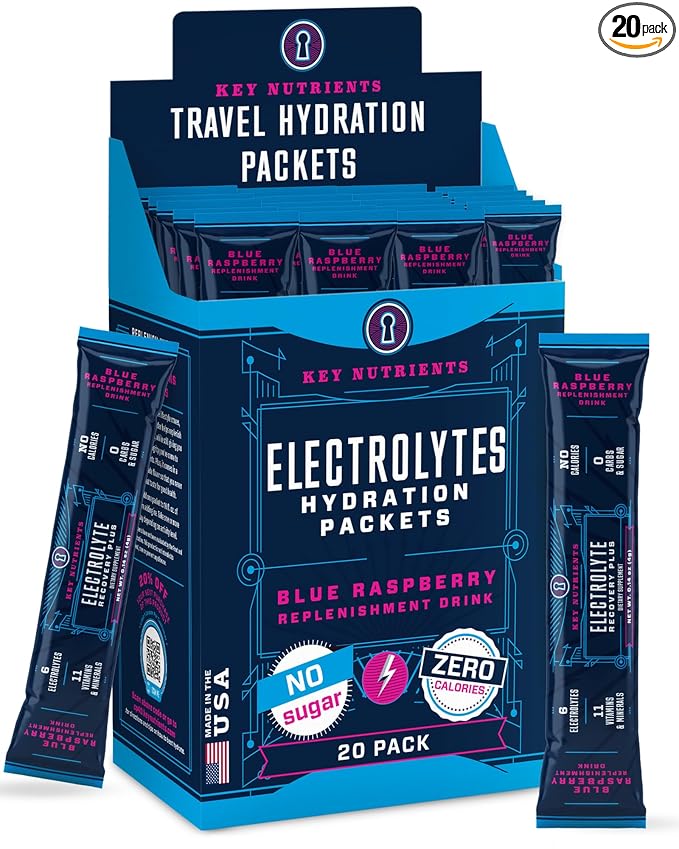 KEY NUTRIENTS Electrolytes Powder Packets 20 Pack - No Sugar, Delicious Blue Raspberry, Hydration Packets with Electrolyte Powder for Refreshing Electrolyte Drink Mix Packets - Zero Calories