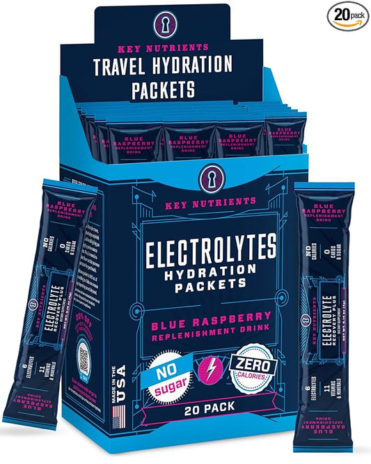 KEY NUTRIENTS Electrolytes Powder Packets 20 Pack - No Sugar, Delicious Blue Raspberry, Hydration Packets with Electrolyte Powder for Refreshing Electrolyte Drink Mix Packets - Zero Calories