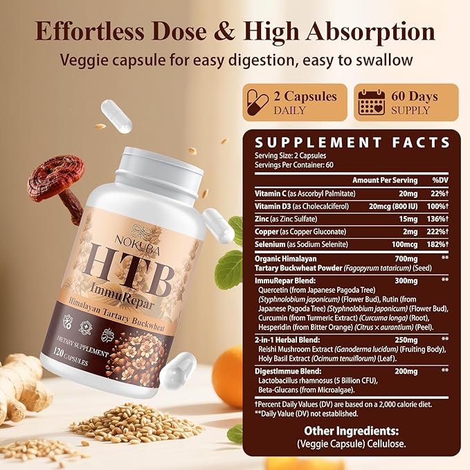 Himalayan Tartary Buckwheat Supplement with Quercetin, Zinc, Rutin, Vitamin C, D, Curcumin for Immune Support & Antioxidant & Gut Health - 240 Vegan Capsules