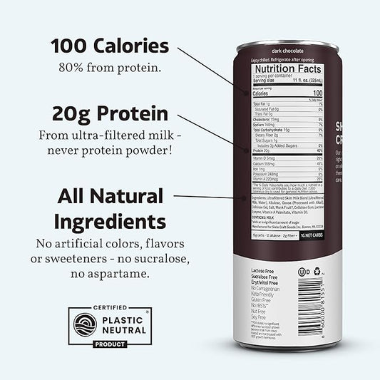 Slate Milk - High Protein Milk Shake - Dark Chocolate - Lactose Free, 20g Protein, 1g Sugar, 100 Calories, 1g Net Carbs, No Added Sugar - Natural, Breakfast Boost, Post Workout - 11 fl oz, 12 Cans