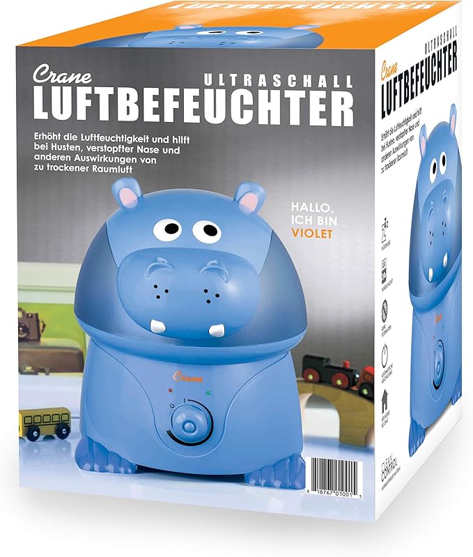 Crane Animal Humidifier for Kids Bedroom, 1 Gal. Cool Mist Humidifier with Adjustable Settings, Optional Filter, Auto Shut-Off, Hippo