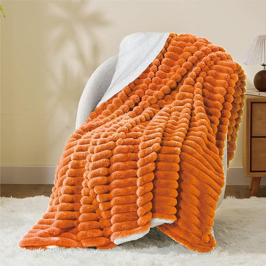 INFIIXSO Sherpa Throw Blanket for Couch - Super Soft & Warm Striped Fleece Blanket, Cozy Plush Fluffy Blanket All Season Use (Burnt Orange, 60x80 Inches)