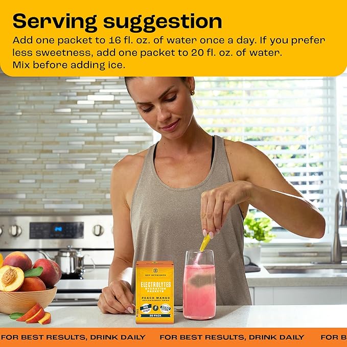 KEY NUTRIENTS Electrolytes Powder Packets - Tropical Peach Mango 20 Pack Hydration Packets - Travel Hydration Powder - No Sugar, No Calories, Gluten Free - Made in USA - Peach Mango