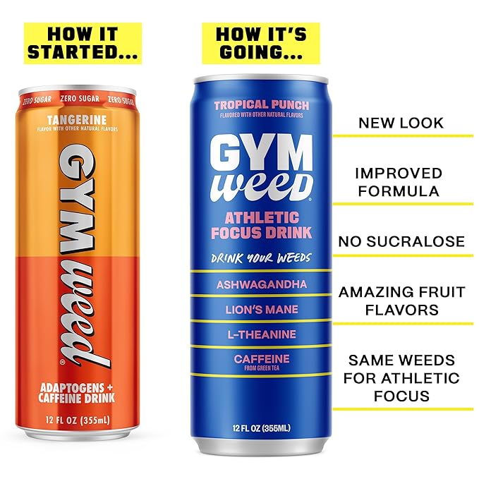 GYM WEED Athletic Focus Drink with KSM-66 Ashwagandha, Lion's Mane Mushroom, L-Theanine, 200mg Green Tea Caffeine with Natural Sweeteners Tropical Punch Flavor, 12 Pack