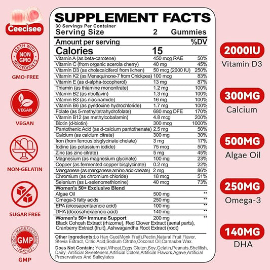 Vitamin Gummies for 50+ Women: Organic Vegan Multivitamin with Iron Omega3 B12 D3 Biotin Zinc Ashwagandha for Hair Skin Health Energy Immune Support - Sugar Free Chewable Supplement(120Count)