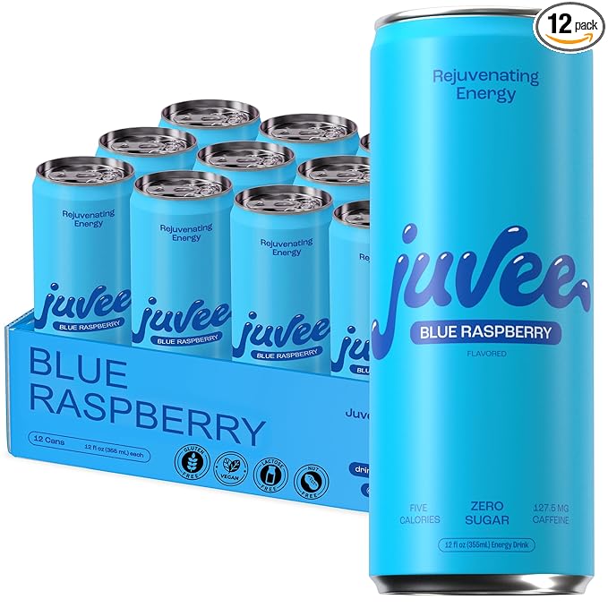 Juvee Rejuvenating Energy Drink. Sugar Free Energy Drinks. Taurine, Vitamin B12, Vitamin B6. 128 Mg Of Caffeine. L-Theanine For Mood Support. Panax Ginseng For Focus. Vitamin C For Immune Support. Gluten Free 12 oz - 12 Pack - Blue Raspberry