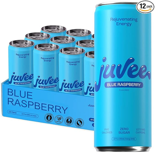 Juvee Rejuvenating Energy Drink. Sugar Free Energy Drinks. Taurine, Vitamin B12, Vitamin B6. 128 Mg Of Caffeine. L-Theanine For Mood Support. Panax Ginseng For Focus. Vitamin C For Immune Support. Gluten Free 12 oz - 12 Pack - Blue Raspberry