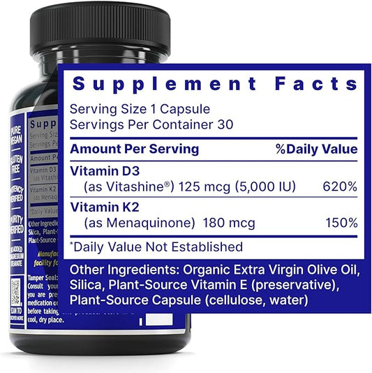 Quantum Nutrition Labs Vitamin D3 and K2 Supplement - Bone & Heart Health Support for Women & Men, 5000 IU, Vegan Vitamins, Allows Calcium Absorption, Gluten-Free - 30 Plant Based Capsules