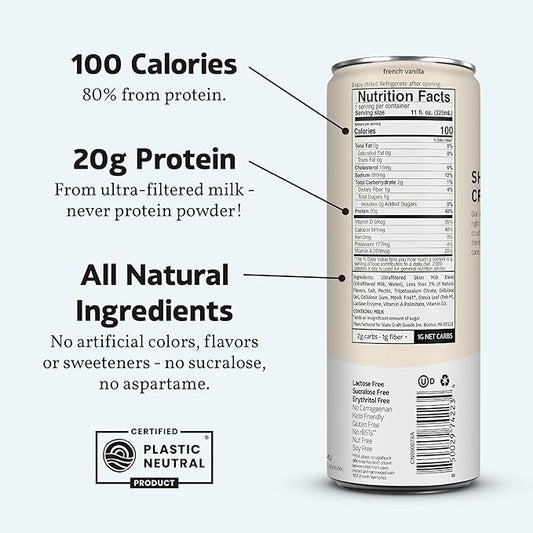 Slate Milk - High Protein Milk Shake - French Vanilla - Lactose Free, 20g Protein, 1g Sugar, 100 Calories, 1g Net Carbs, No Added Sugar - Natural, Breakfast Boost, Post Workout - 11 fl oz, 48 Cans