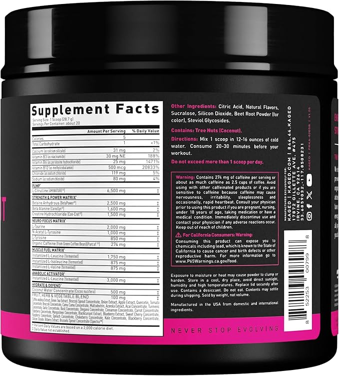 Kaged Original Pre Workout Powder | Berry Blast | Pre-Workout with Creatine, Beta Alanine, L-Citrulline, BCAAs | 274 mg Organic Caffeine | Pre Supplements for Men & Women | 20 Servings