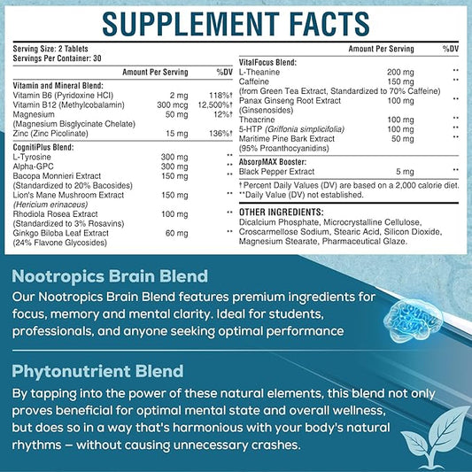 17-in-1 Brain Supplement for Memory and Focus | Natural Nootropics Brain Supplement for Brain Cognition, Energy | High Absorption | L-Theanine, Phytonutrient Blend and Vitamins B6, B12 | 60 Tablets