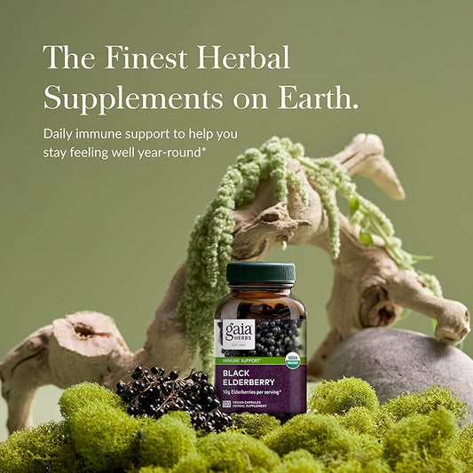 Gaia Herbs Black Elderberry - Daily Immune Support Supplement to Help Maintain Well-Being- with Black Elderberries and Acerola Fruit for Antioxidant Support - 120 Vegan Capsules (60-Day Supply)