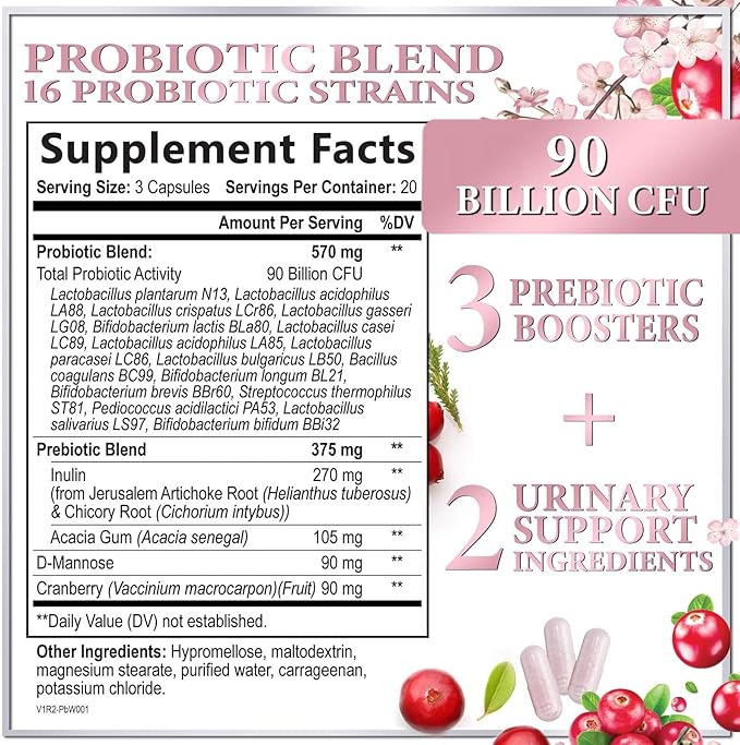Probiotics for Women Supplement with Cranberry - 16 Premium Strains for PH Balance, Digestive Health, Vaginal & Immune Support, 90 Billion CFU, Women's Probiotic, UT, & Feminine Health - 60 Capsules